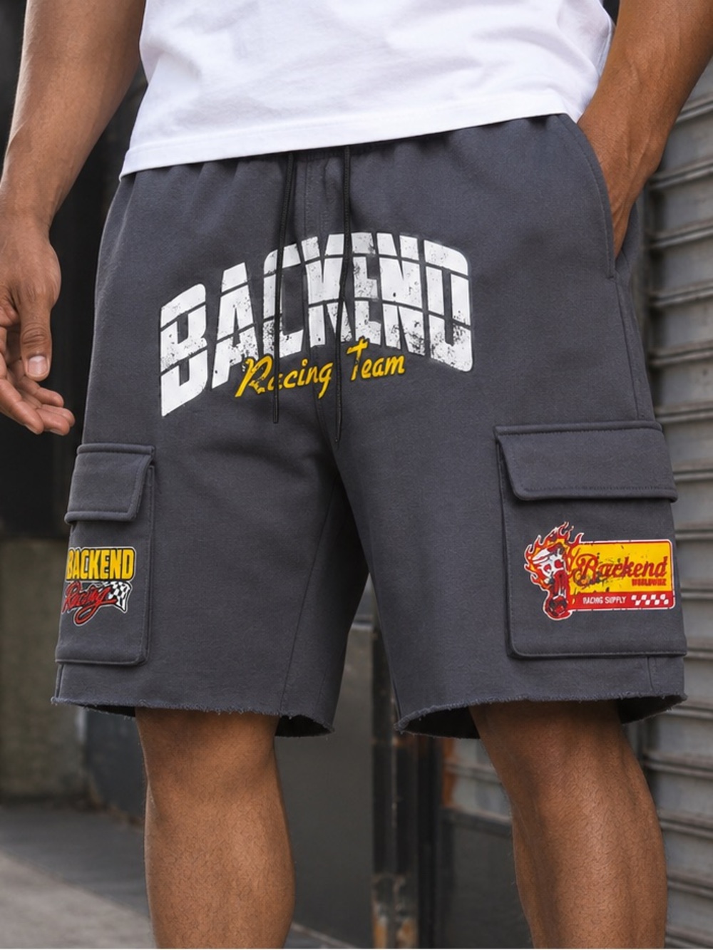 Backend Original Gray Racing Team Athletic Cargo Shorts for Men